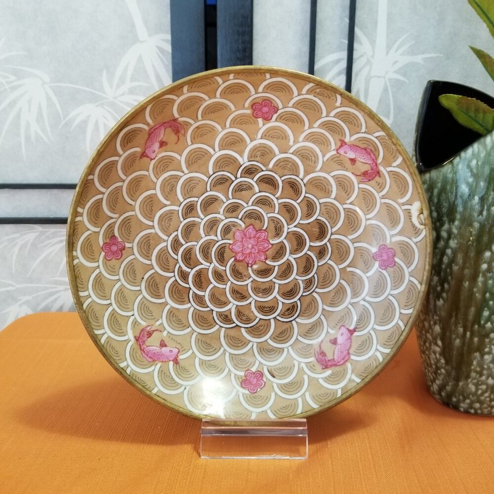 Vintage Japanese Brass Encased Porcelain Koi Bowl with Lotus Design & Koi
